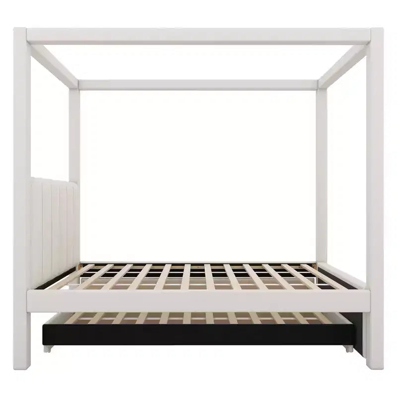Lit plateforme à baldaquin tapissé Twin/Full avec lit gigogne et 3 tiroirs de rangement-ModernLuxe