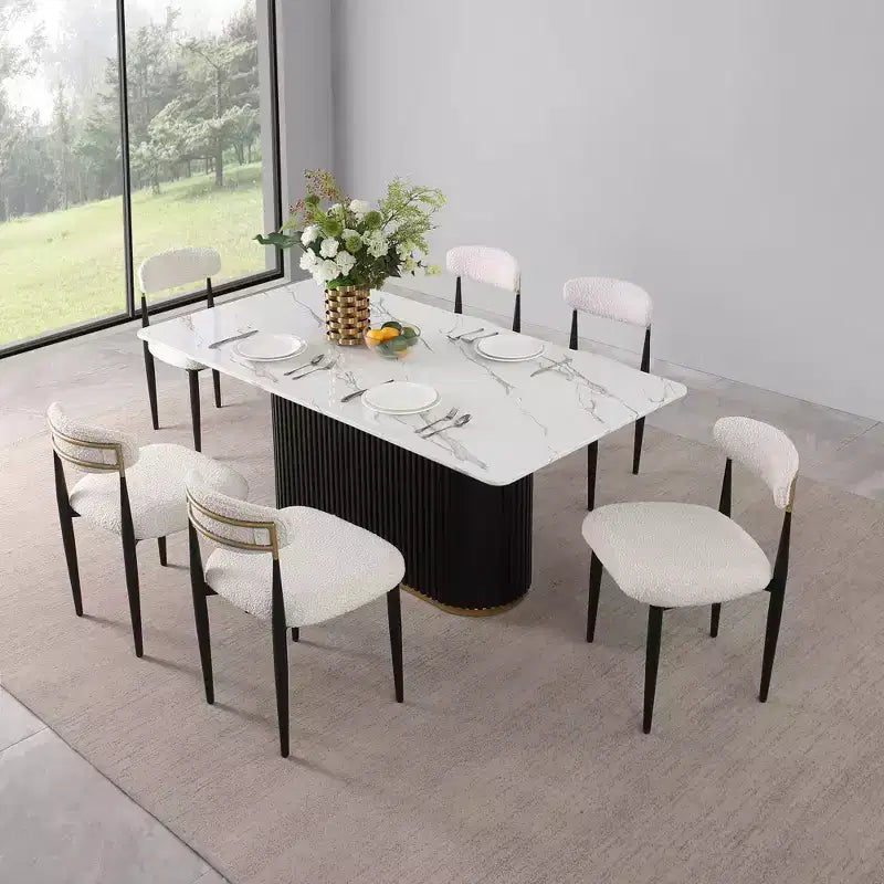 Ensemble de salle à manger moderne de 7 pièces avec table en faux marbre et chaises sans accoudoirs en tissu bouclé pour cuisine - Morden Fort