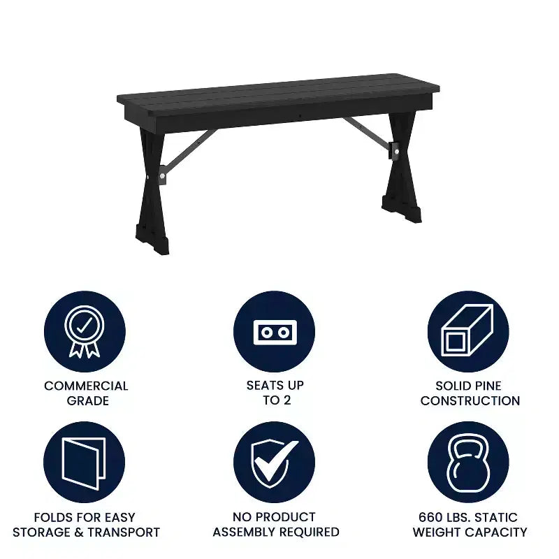 Banc de ferme pliant Flash Furniture HERCULES 40 x 12 en pin massif antique noir délavé de qualité commerciale avec pieds en X verrouillables et pliables