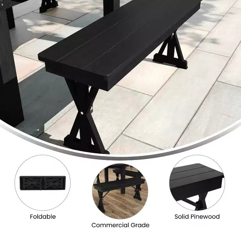 Banc de ferme pliant Flash Furniture HERCULES 40 x 12 en pin massif antique noir délavé de qualité commerciale avec pieds en X verrouillables et pliables