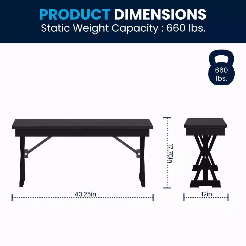 Banc de ferme pliant Flash Furniture HERCULES 40 x 12 en pin massif antique noir délavé de qualité commerciale avec pieds en X verrouillables et pliables