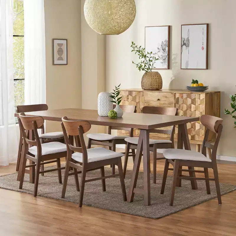 Ensemble de salle à manger 7 pièces en tissu Isador Mid Century Modern de GDFStudio en hévéa