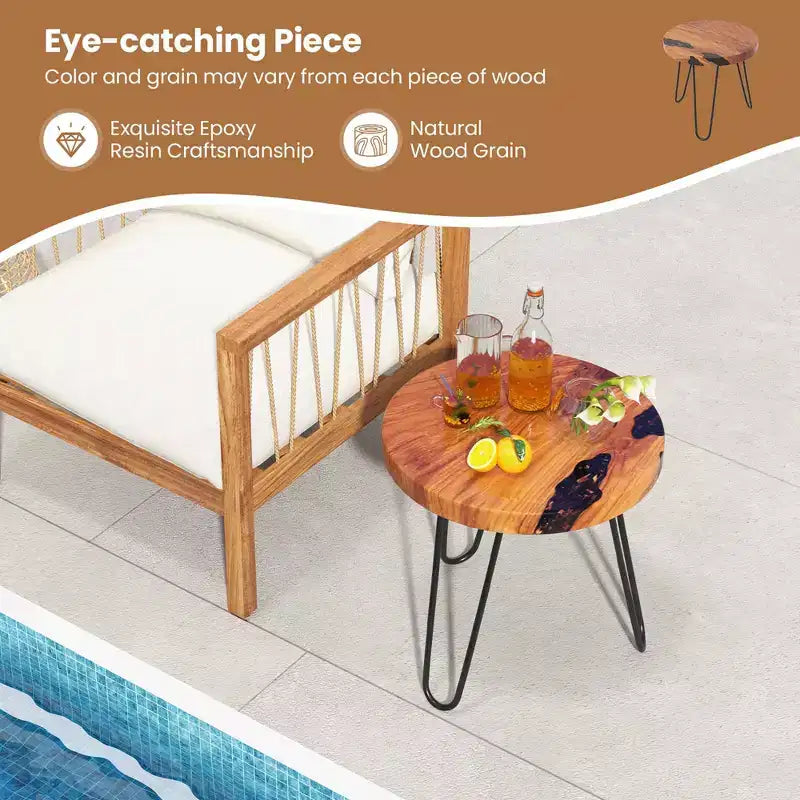 Costway Table d'appoint ronde en bois de teck massif 50,8 cm avec bords naturels et cadre en métal