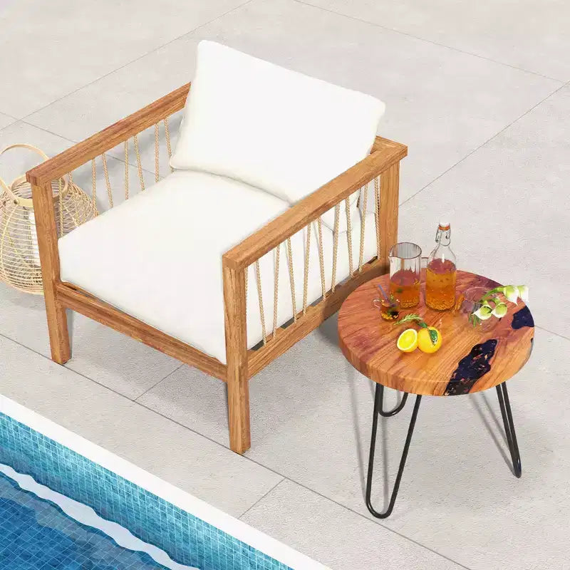 Costway Table d'appoint ronde en bois de teck massif 50,8 cm avec bords naturels et cadre en métal