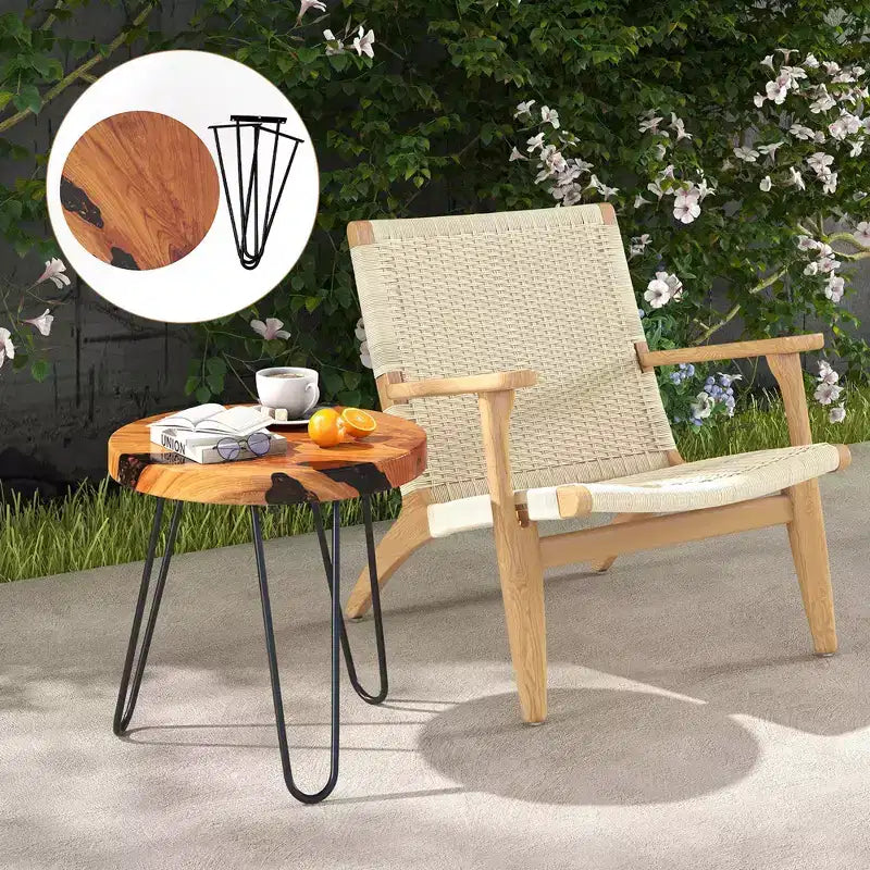 Costway Table d'appoint ronde en bois de teck massif 50,8 cm avec bords naturels et cadre en métal