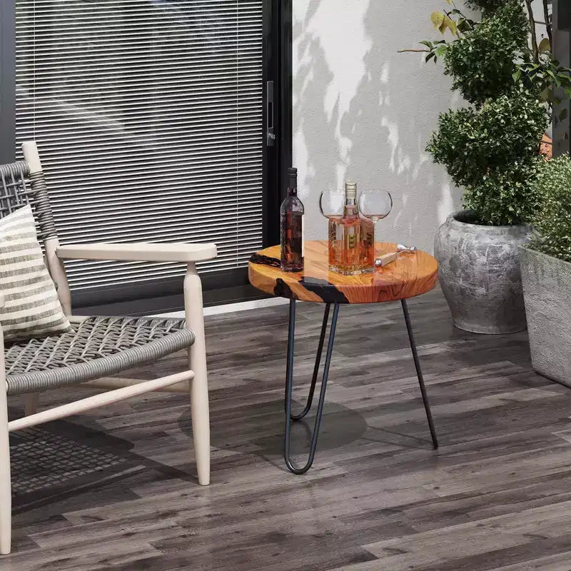 Costway Table d'appoint ronde en bois de teck massif 50,8 cm avec bords naturels et cadre en métal