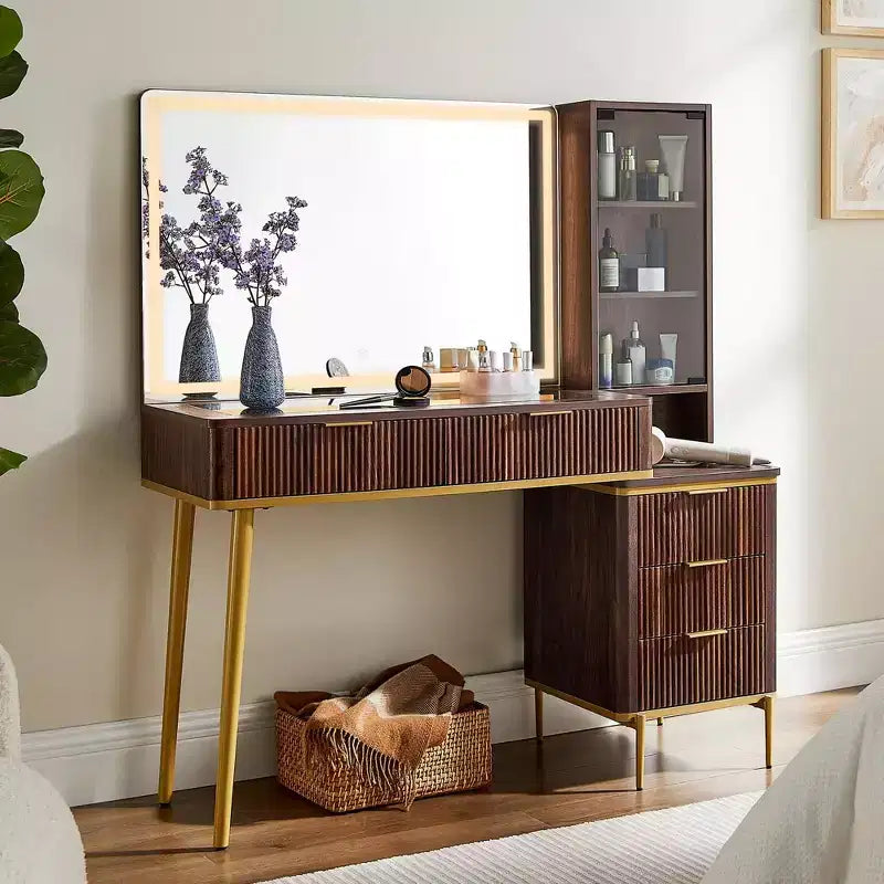Coiffeuses cannelées avec miroir lumineux HD 36", grande coiffeuse moderne 48" avec plateau en verre, 5 tiroirs et étagères, table de maquillage