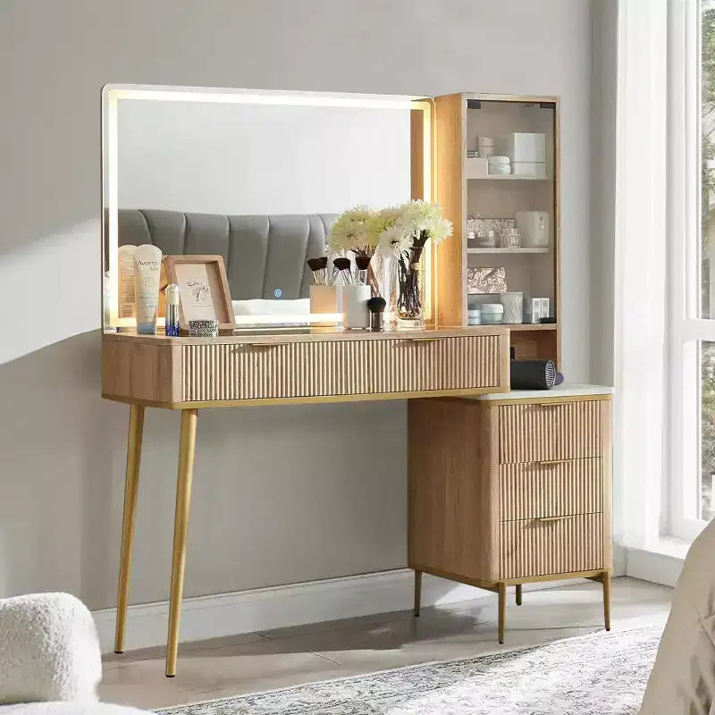 Coiffeuses cannelées avec miroir lumineux HD 36", grande coiffeuse moderne 48" avec plateau en verre, 5 tiroirs et étagères, table de maquillage