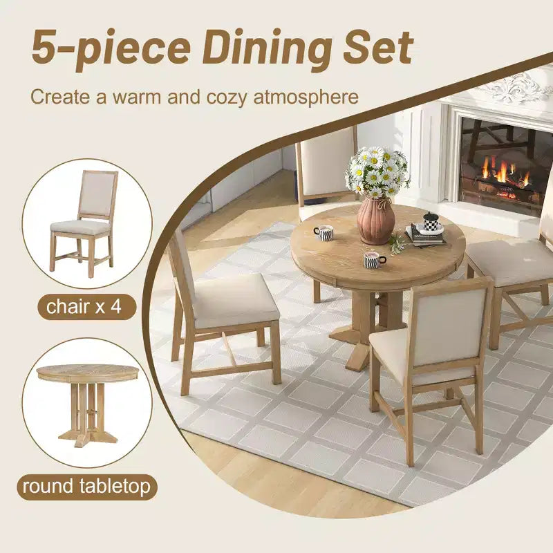 Ensemble de salle à manger de ferme Whisen 5 pièces, comprenant une table à manger ronde extensible et 4 chaises rembourrées.