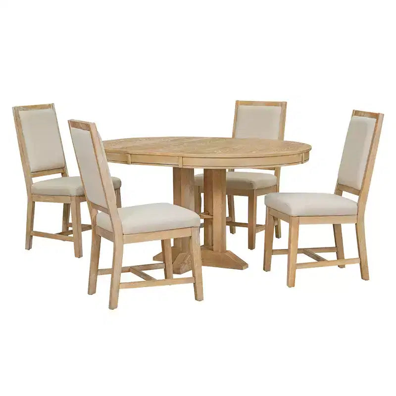 Ensemble de salle à manger de ferme Whisen 5 pièces, comprenant une table à manger ronde extensible et 4 chaises rembourrées.
