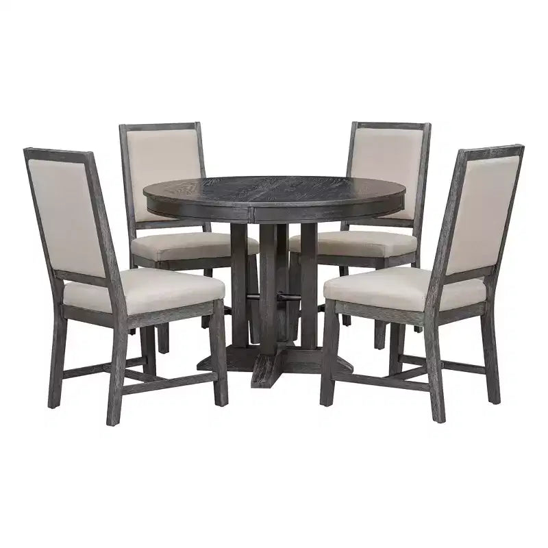 Ensemble de salle à manger de ferme Whisen 5 pièces, comprenant une table à manger ronde extensible et 4 chaises rembourrées.