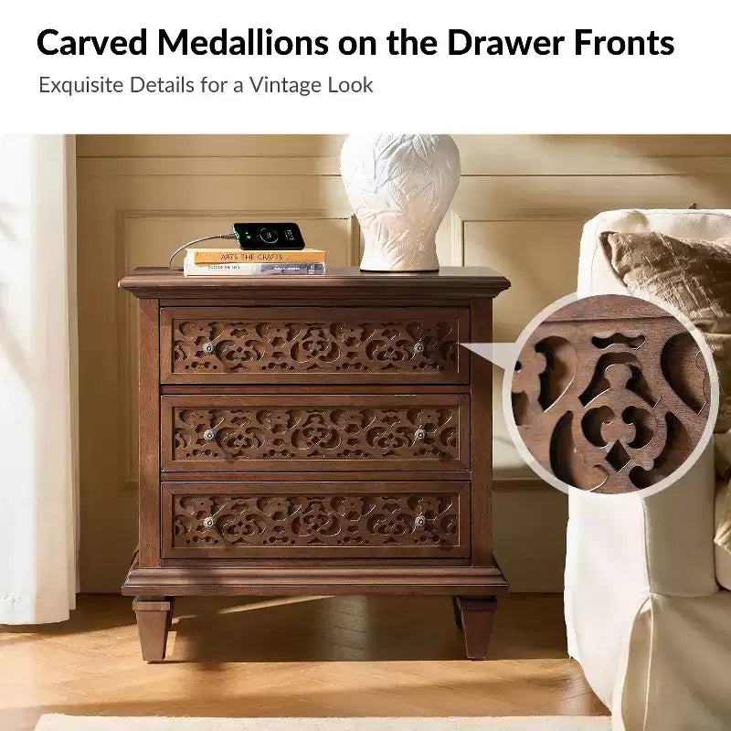 Table d'appoint Emilio 3 tiroirs avec prises intégrées | ART OF LIVING DESIGNS