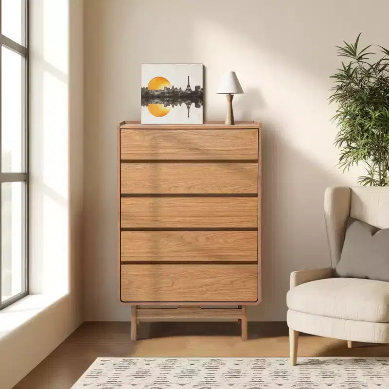 Commode d'homme à 5 tiroirs LuxenHome Summer Oak en bois d'ingénierie, 123 cm de hauteur, marron