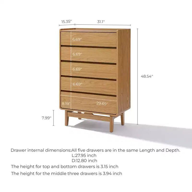 Commode d'homme à 5 tiroirs LuxenHome Summer Oak en bois d'ingénierie, 123 cm de hauteur, marron