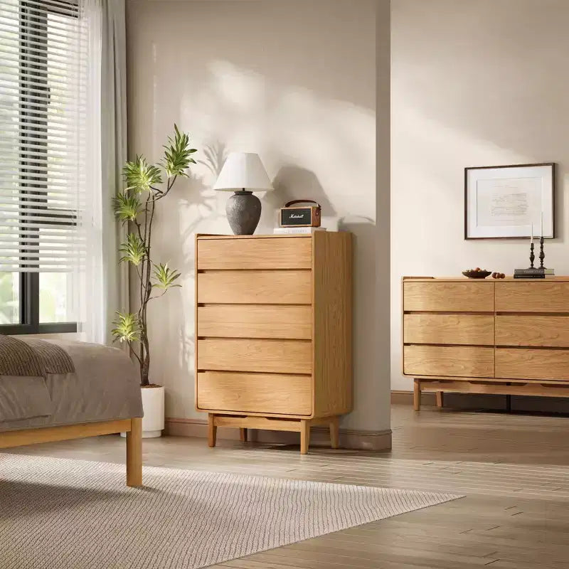 Commode d'homme à 5 tiroirs LuxenHome Summer Oak en bois d'ingénierie, 123 cm de hauteur, marron