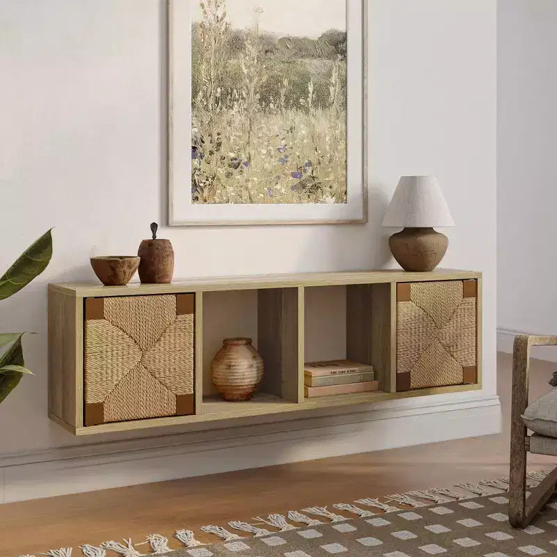 LuxenHome LuvenHome Meuble TV flottant 42, console média murale, centre de divertissement avec panneau de porte en corde tressée, chêne naturel