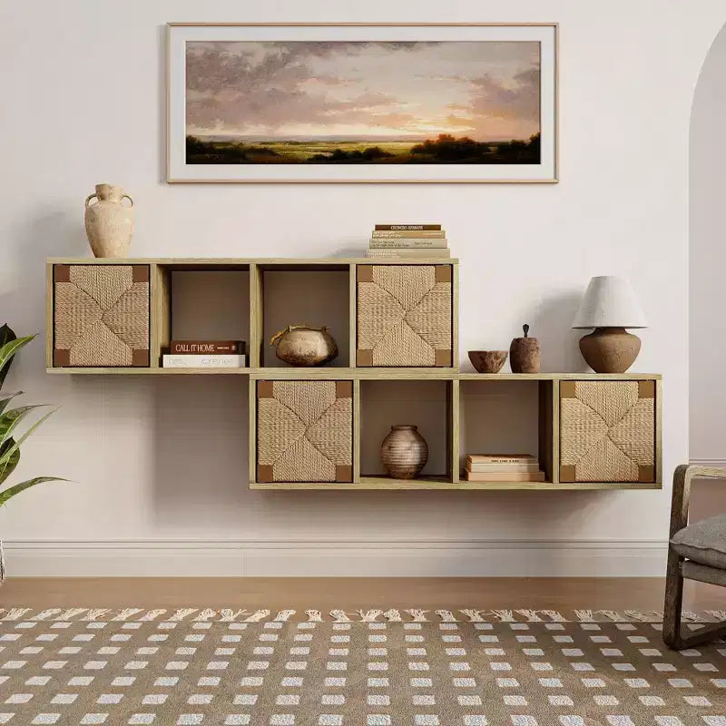 LuxenHome LuvenHome Meuble TV flottant 42, console média murale, centre de divertissement avec panneau de porte en corde tressée, chêne naturel