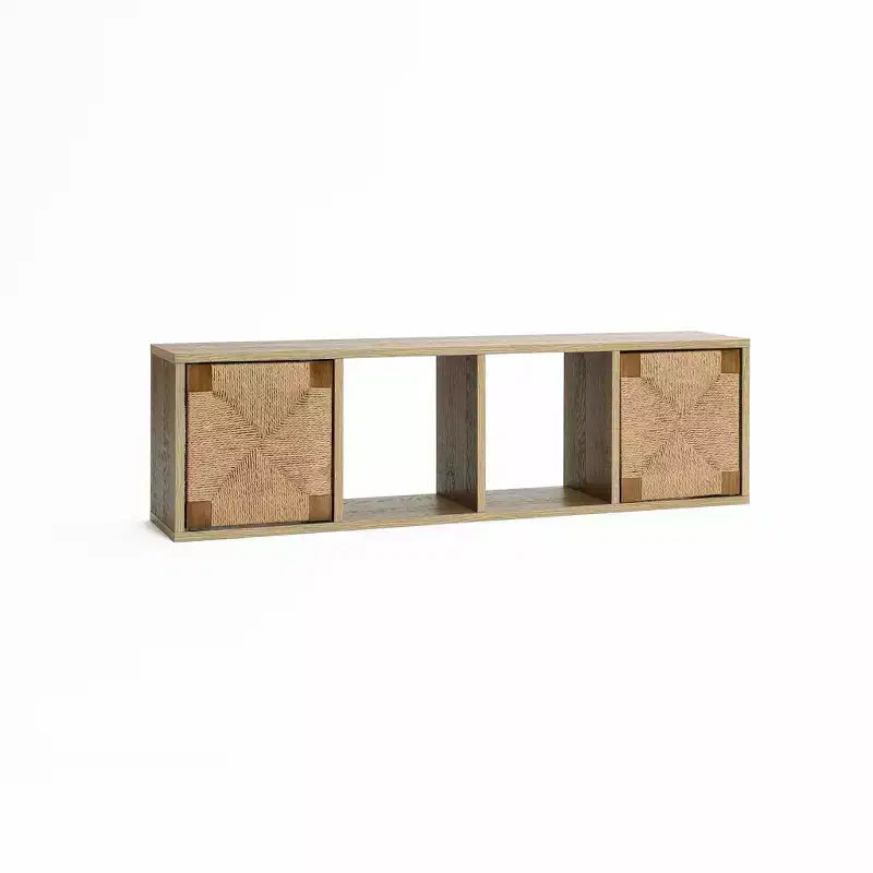 LuxenHome LuvenHome Meuble TV flottant 42, console média murale, centre de divertissement avec panneau de porte en corde tressée, chêne naturel