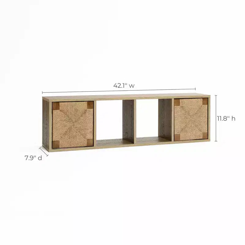 LuxenHome LuvenHome Meuble TV flottant 42, console média murale, centre de divertissement avec panneau de porte en corde tressée, chêne naturel