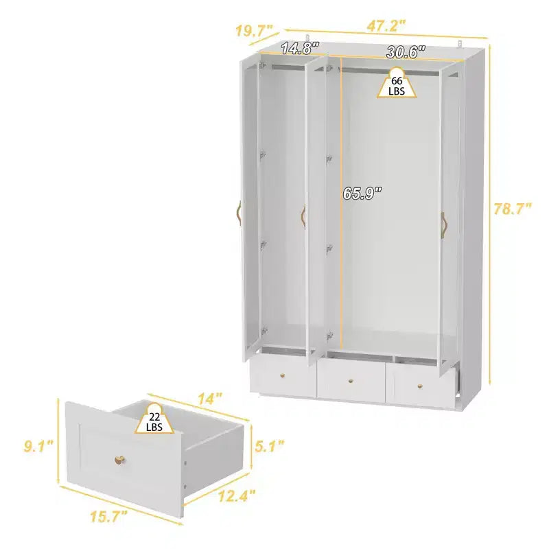 Armoire blanche Famapy 3 portes vitrées avec double penderie