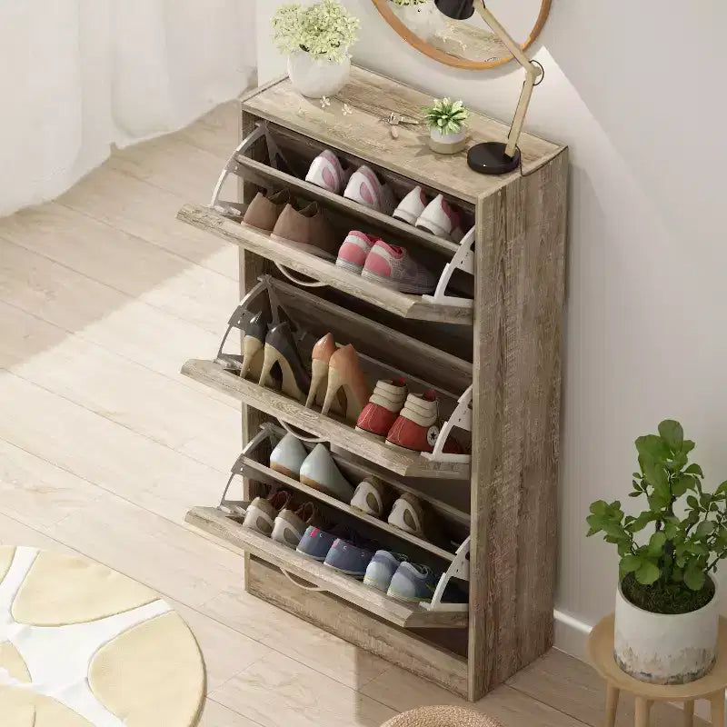 Meuble à chaussures Famapy 3 tiroirs grain de bois marron avec plateau rabattable et ajouré