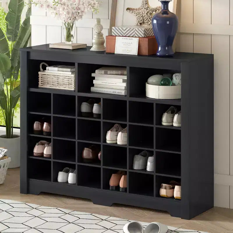 Meuble à chaussures rustique Whisen, porte-chaussures d'entrée avec console à 24 casiers et base incurvée