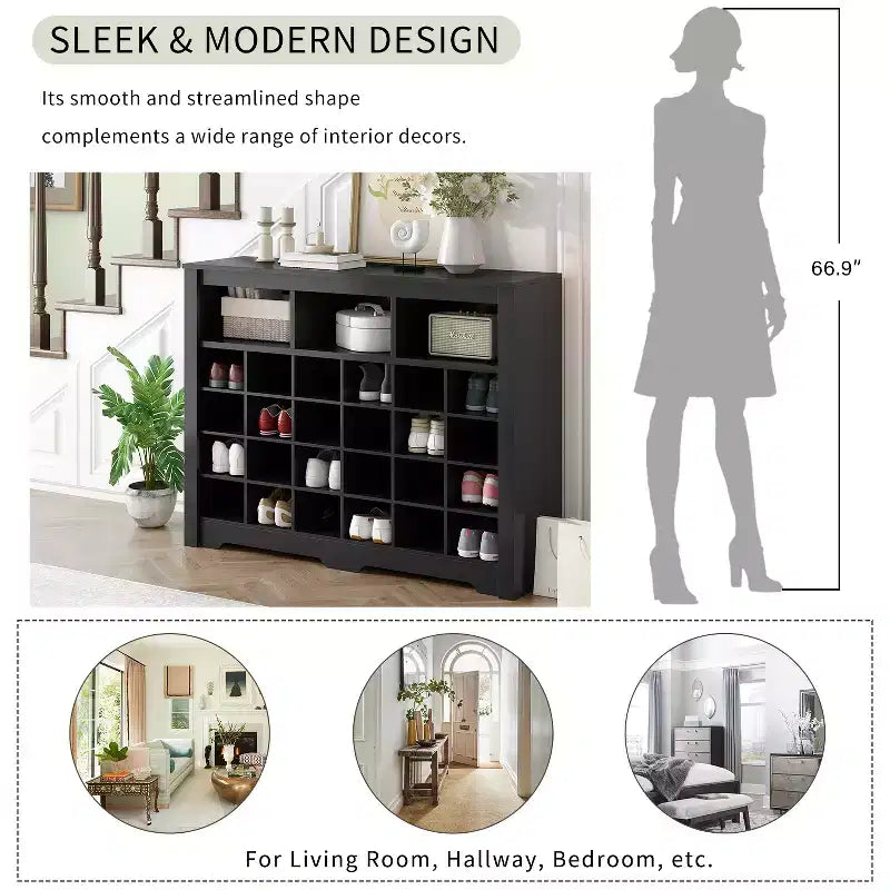 Meuble à chaussures rustique Whisen, porte-chaussures d'entrée avec console à 24 casiers et base incurvée