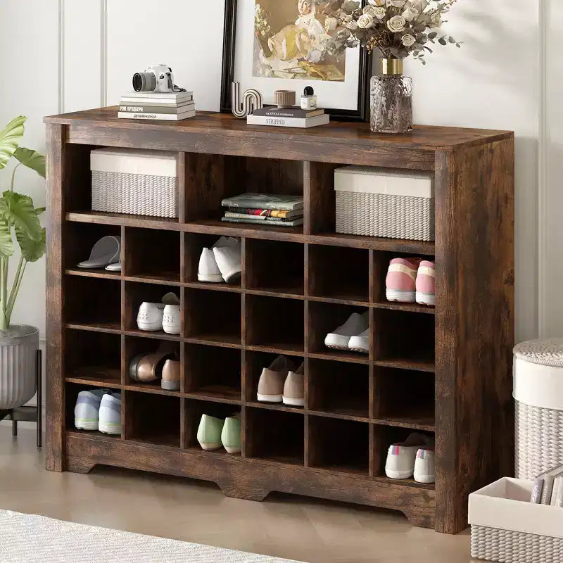 Meuble à chaussures rustique Whisen, porte-chaussures d'entrée avec console à 24 casiers et base incurvée