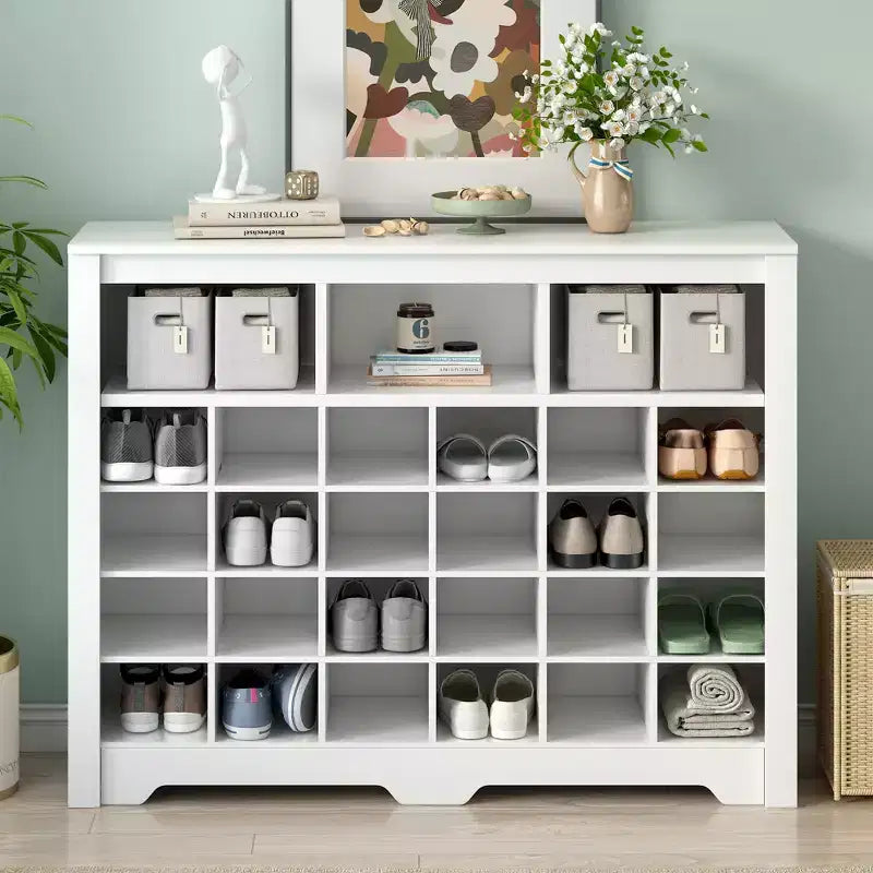 Meuble à chaussures rustique Whisen, porte-chaussures d'entrée avec console à 24 casiers et base incurvée