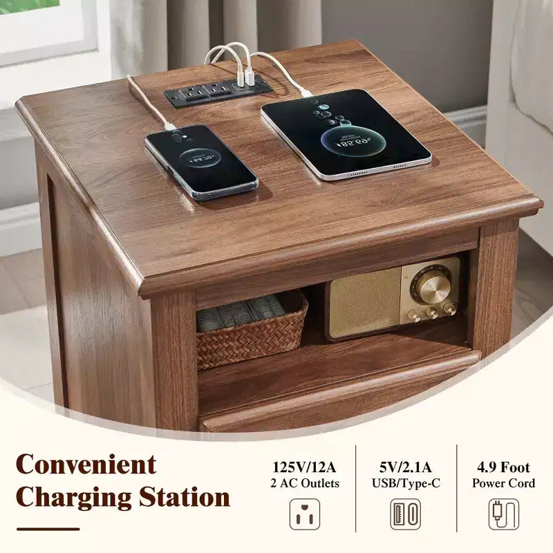 18 Table de chevet vintage avec station de charge, Table d'appoint avec 2 tiroirs pour chambre, salon