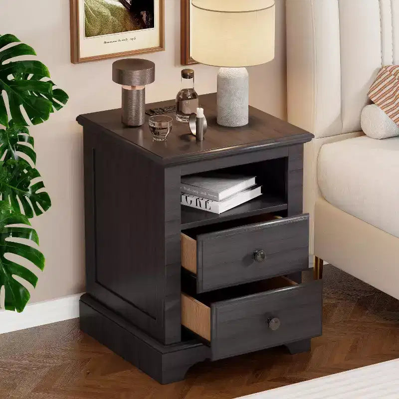 18 Table de chevet vintage avec station de charge, Table d'appoint avec 2 tiroirs pour chambre, salon