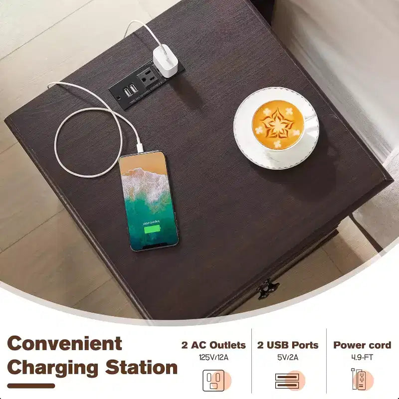 18 Table de chevet vintage avec station de charge, Table d'appoint avec 2 tiroirs pour chambre, salon