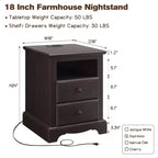 18 Table de chevet vintage avec station de charge, Table d'appoint avec 2 tiroirs pour chambre, salon