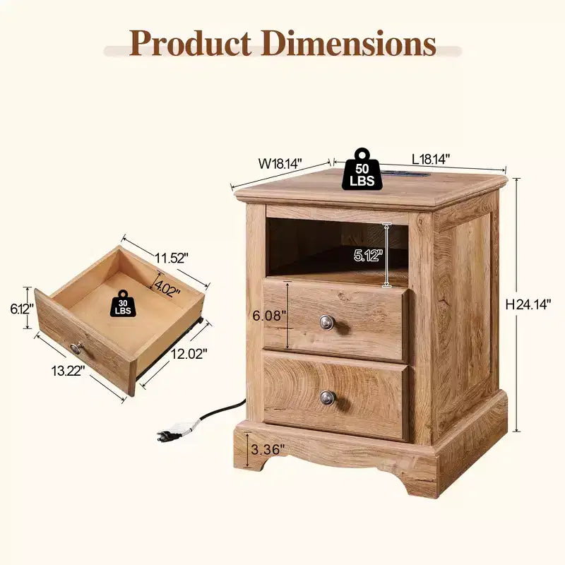 18 Table de chevet vintage avec station de charge, Table d'appoint avec 2 tiroirs pour chambre, salon