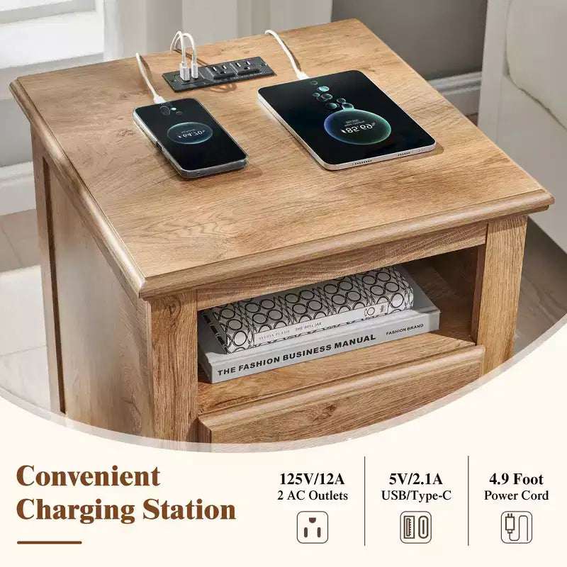 18 Table de chevet vintage avec station de charge, Table d'appoint avec 2 tiroirs pour chambre, salon