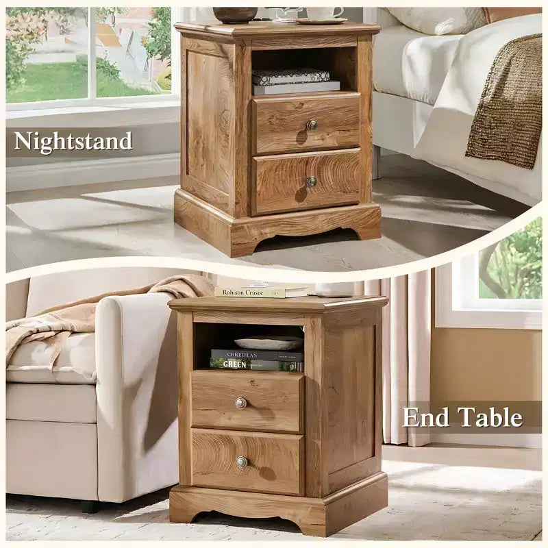 18 Table de chevet vintage avec station de charge, Table d'appoint avec 2 tiroirs pour chambre, salon