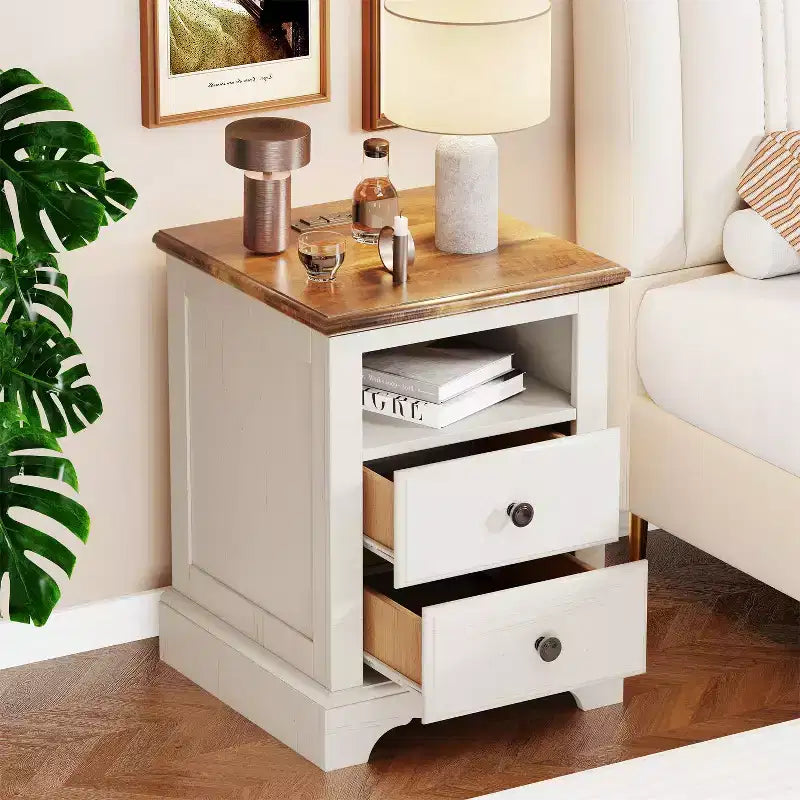 18 Table de chevet vintage avec station de charge, Table d'appoint avec 2 tiroirs pour chambre, salon