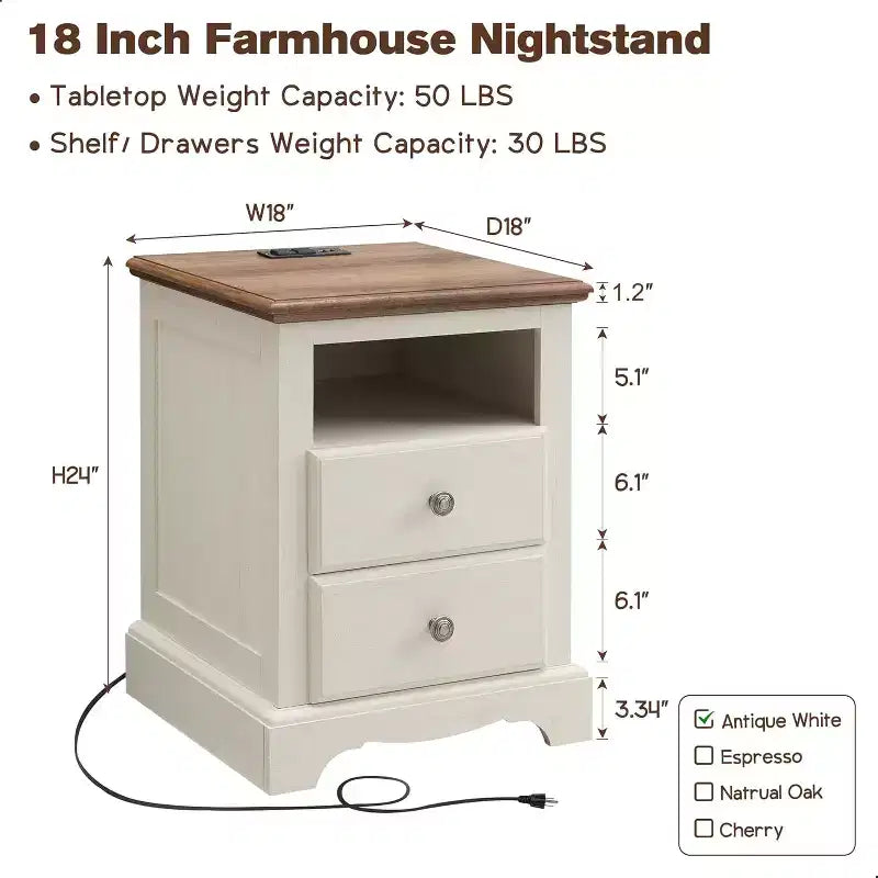 18 Table de chevet vintage avec station de charge, Table d'appoint avec 2 tiroirs pour chambre, salon