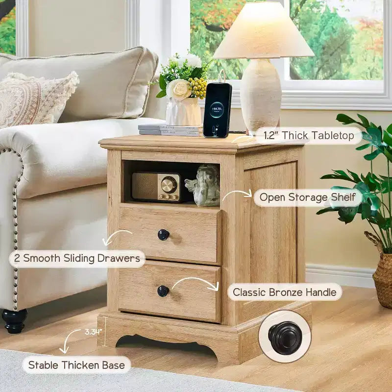 18 Table de chevet vintage avec station de charge, Table d'appoint avec 2 tiroirs pour chambre, salon