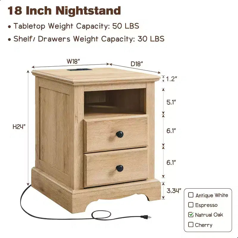 18 Table de chevet vintage avec station de charge, Table d'appoint avec 2 tiroirs pour chambre, salon