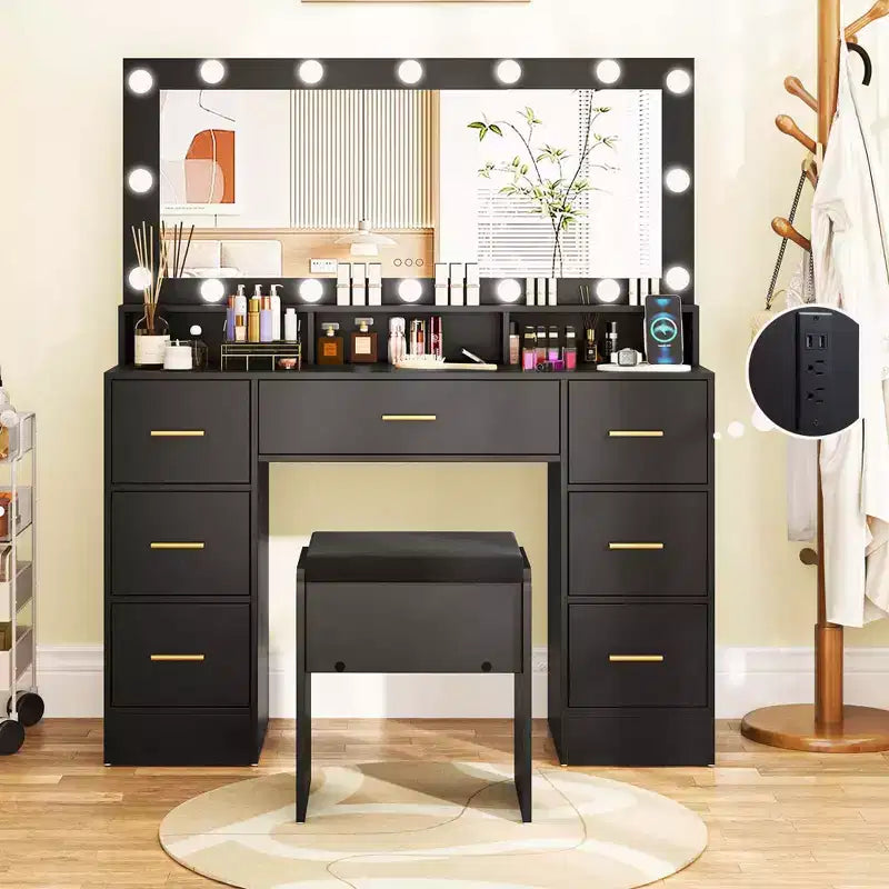 Coiffeuse Costway avec miroir et lumières, station de charge, lumières LED 3 couleurs Noir/Blanc