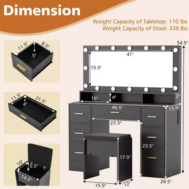 Coiffeuse Costway avec miroir et lumières, station de charge, lumières LED 3 couleurs Noir/Blanc