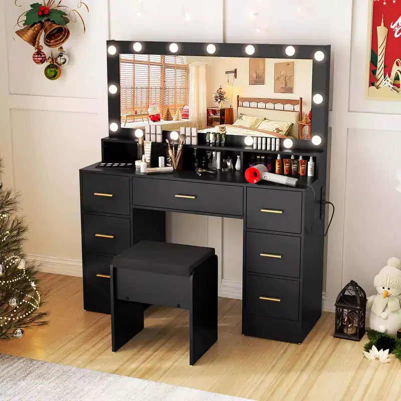 Coiffeuse Costway avec miroir et lumières, station de charge, lumières LED 3 couleurs Noir/Blanc