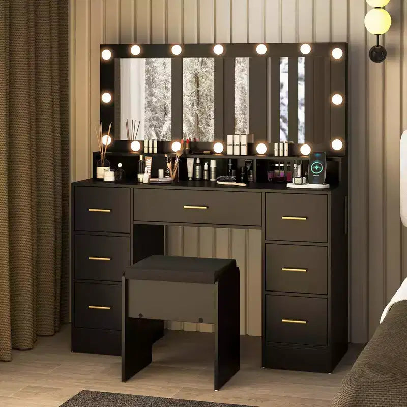Coiffeuse Costway avec miroir et lumières, station de charge, lumières LED 3 couleurs Noir/Blanc
