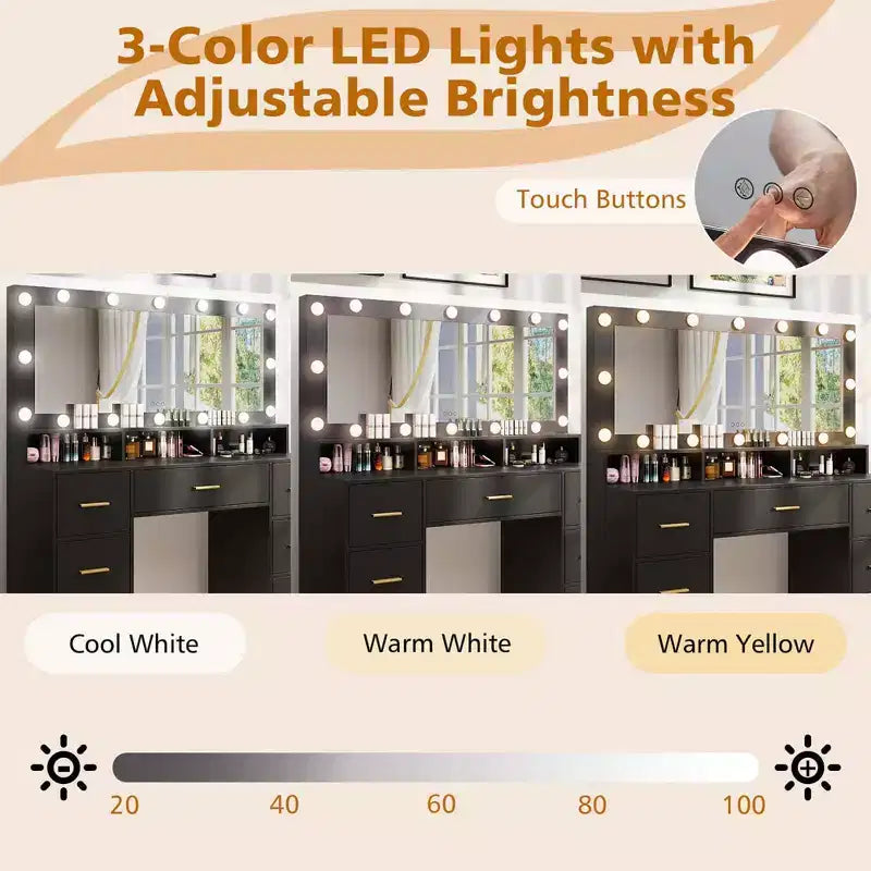Coiffeuse Costway avec miroir et lumières, station de charge, lumières LED 3 couleurs Noir/Blanc