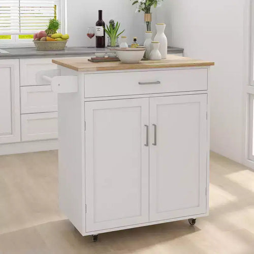 AndMakers White Wood 32.68 in. Kitchen Island with Towel Rack and Adjustable Shelves