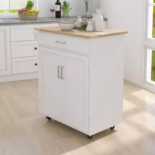 Îlot de cuisine AndMakers en bois blanc de 83 cm avec porte-serviettes et étagères réglables