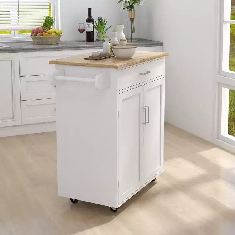 Îlot de cuisine AndMakers en bois blanc de 83 cm avec porte-serviettes et étagères réglables