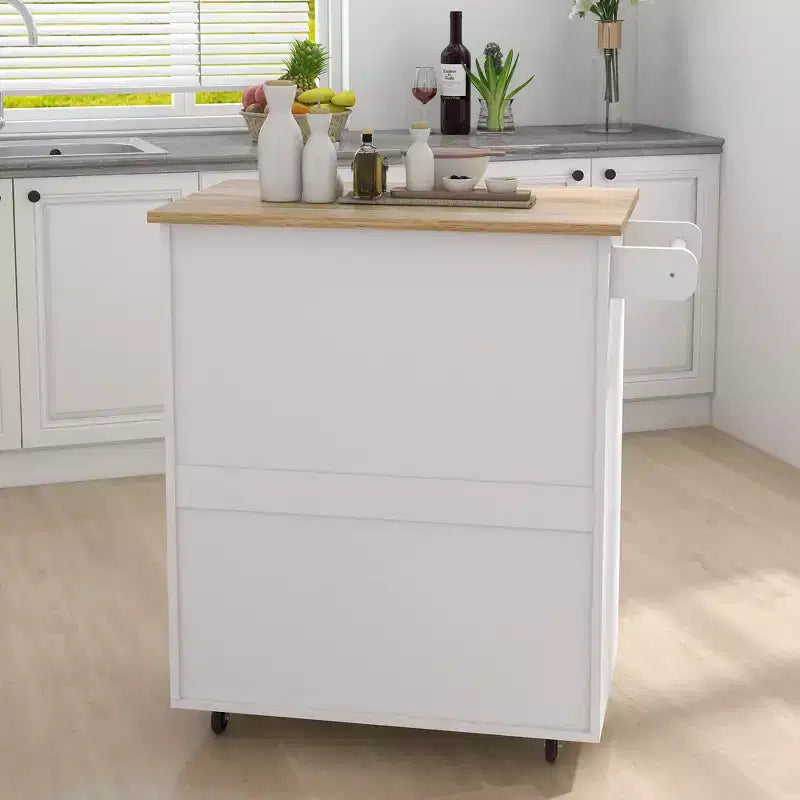 Îlot de cuisine AndMakers en bois blanc de 83 cm avec porte-serviettes et étagères réglables