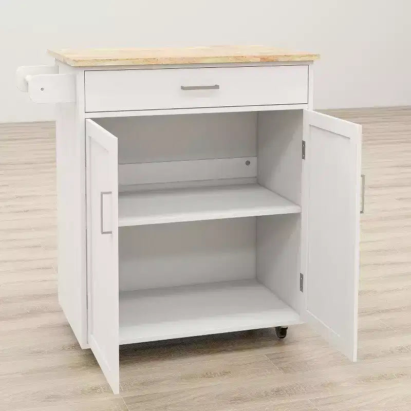 Îlot de cuisine AndMakers en bois blanc de 83 cm avec porte-serviettes et étagères réglables